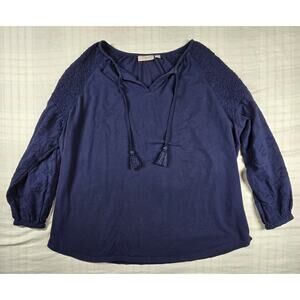 Belle by Kim Gravel Peasant Blouse Boho Eyelet Puff Sleeve Tassels Navy Blue 2X